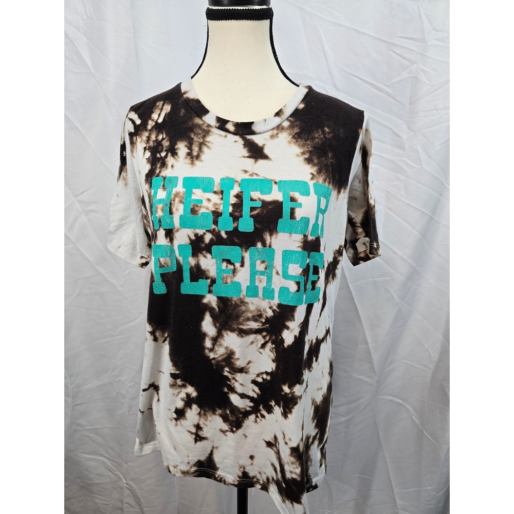 Daisy Rae Heifer‎ Please Tie Dye Graphic Tee Brown White Teal Womens Medium